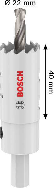 Eine weiße Bosch-Lochsäge mit 22 mm Durchmesser und 40 mm Länge, mit einem spiralförmigen Bohrer in der Mitte.