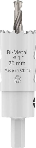 Ein weißes 25-mm-Bimetall-Lochsägen-Bohrbit mit Text: „Bimetall, 1