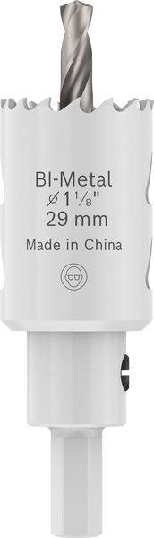 Eine weiße Bimetall-Lochsäge mit der Aufschrift 