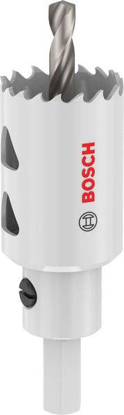 Ein weißer Bosch-Lochsägeaufsatz mit gezahnten Kanten und einer Metallspitze, geeignet zum Schneiden von sauberen, runden Löchern in verschiedenen Materialien.