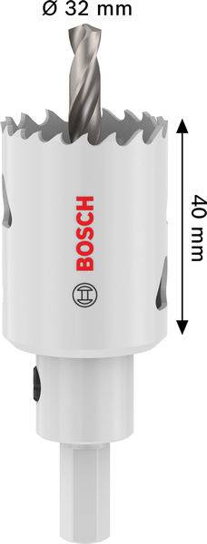 Eine weiße Bosch-Lochsäge mit angebrachtem Bohrer, mit einem Durchmesser von 32 mm und einer Höhe von 40 mm.