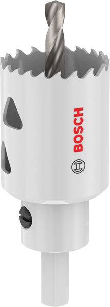 Eine Metalllochsäge mit einem Bohrer in der Mitte, mit weißem Gehäuse und einem sichtbaren Markenlogo auf der Seite.