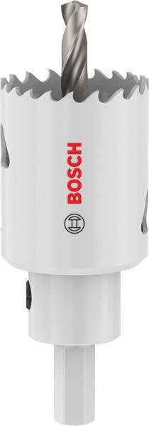 Eine weiße Bosch-Lochsäge mit scharfen Zähnen zum Bohren von Löchern in Holz oder Metall, mit einem zentralen Bohrer für Stabilität.