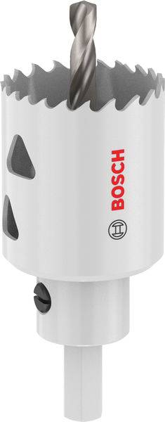 Eine Bosch-Lochsäge mit weißem Körper, gezahnten Kanten und einem zentralen Bohrer. Geeignet zum Schneiden präziser Löcher in verschiedenen Materialien.