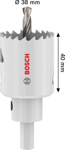 Ein weißes zylindrisches Lochsägeblatt mit einem Bohrbit ist mit 'BOSCH' beschriftet. Es hat einen Durchmesser von Ø 38 mm und eine Höhe von 40 mm.