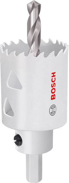Eine Lochsäge mit gezahntem Rand, Bohrerlehre und sechskantigen Schaft, mit der Marke „BOSCH