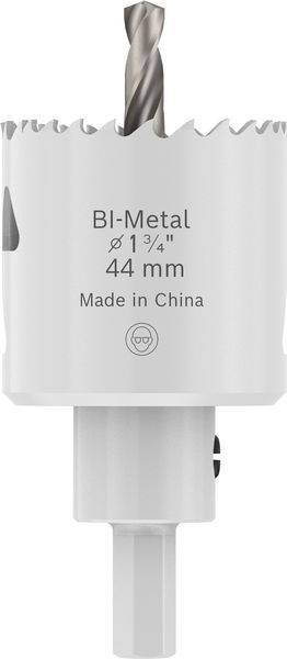 Eine weiße Bi-Metall-Lochsäge mit Bohrer, gekennzeichnet mit „BI-Metal Ø 1 3/4