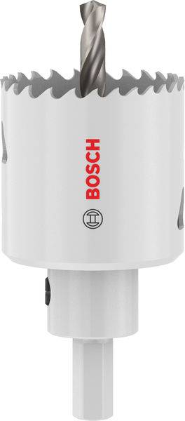 Eine weiße, zylindrische Bosch-Lochsäge mit scharfen Zähnen und einem Bohrer in der Mitte, entwickelt zum präzisen Schneiden von Löchern in verschiedenen Materialien.