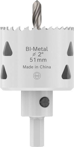 'Eine weiße Bi-Metall-Lochsäge mit einem Durchmesser von 51mm, mit gezahnten Kanten und einem integrierten Bohrer in der Mitte, mit der Kennzeichnung 