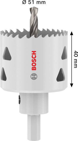Lochsäge mit einem Durchmesser von 51 mm und einer Höhe von 40 mm, mit Bosch-Logo und gezackter Schneidekante für Holz oder Metall.