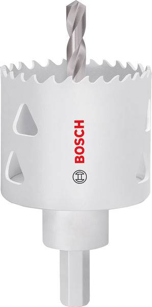 Ein weißes Bosch-Lochsägen-Bohrbit mit gezacktem Rand und einem zentralen Pilotbohrbit, entwickelt zum Schneiden präziser kreisförmiger Löcher in verschiedenen Materialien.