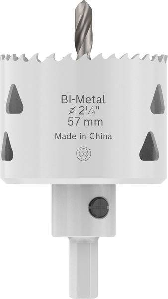 Eine Bi-Metall-Lochsäge mit gezahntem Rand, beschriftet mit „Ø 2 1/4'' 57 mm, Made in China.