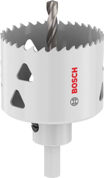 Ein weißer Bosch-Lochsägenaufsatz mit gezackten Zähnen und einem zentralen Spiralbohrer, der zum Schneiden von sauberen Löchern in verschiedenen Materialien verwendet wird.