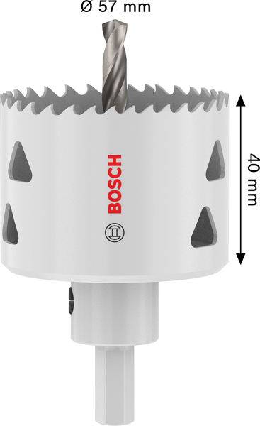 Lochsäge mit Bohrer, gekennzeichnet mit Bosch. Durchmesser: 57 mm, Höhe: 40 mm. Wird zum Schneiden von Löchern in Materialien verwendet.