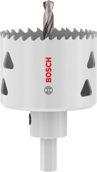 Eine weiße Bosch-Lochsäge mit gezackten Kanten und einem zentralen Bohrer, die zum Schneiden großer Löcher in Materialien verwendet wird. Markenlogo in Rot.
