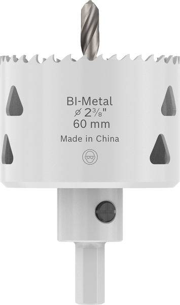 Eine Nahaufnahme einer 60-mm-Bimetall-Lochsäge mit Sägezahnkante und zentralem Spiralbohrer. Mit der Beschriftung „Made in China
