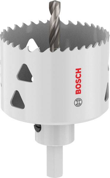 Eine weiße Bosch-Lochsäge mit scharfen Zähnen und einem zentralen Bohrer, zum Schneiden von kreisförmigen Löchern in Materialien wie Holz und Metall ausgelegt.