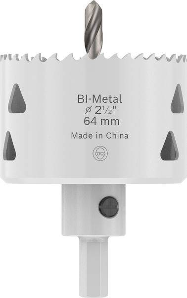Eine weiße Bi-Metall-Lochsäge mit einem Durchmesser von 64 mm, beschriftet mit „Bi-Metal ø 2 1/2 inch 64 mm Made in China