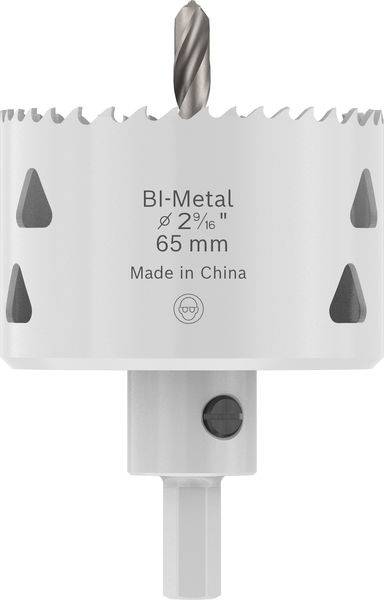 Eine weiße Bi-Metall-Lochsäge mit einem Durchmesser von 65 mm. Das Werkzeug hat gezackte Zähne und einen zentralen Bohrer. Gekennzeichnet mit „Made in China