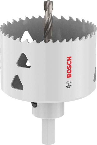 Eine Metalllochsäge mit weißem Körper und gezahntem Rand, gekennzeichnet mit der Marke „Bosch