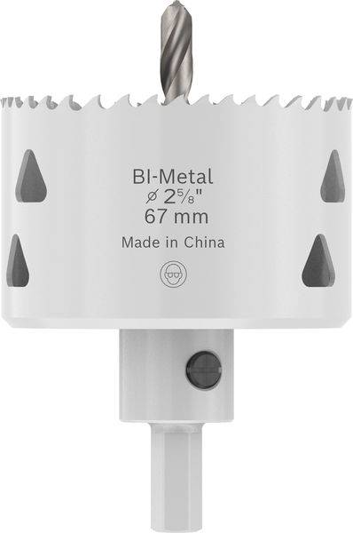 Bi-Metall-Lochsäge 67 mm Bohrbit, gekennzeichnet mit 'Ø 25/8'', 'Made in China.' Verfügt über eine zylindrische Form mit gezahntem Rand.