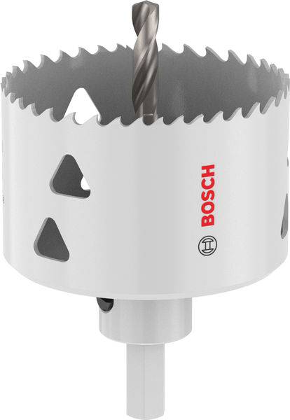 Eine weiße Bosch-Lochsäge mit gezacktem Rand, verwendet zum Schneiden von kreisförmigen Löchern, mit Markenlogo und dreieckigen Ausschnitten auf ihrem Körper.