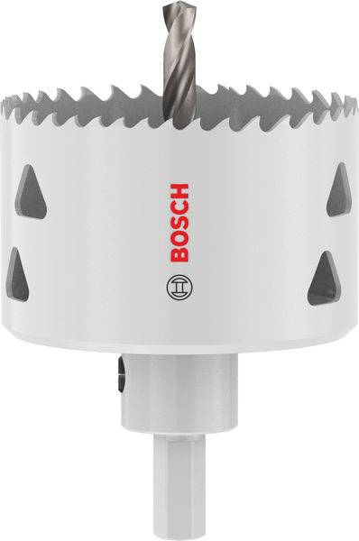 Eine weiße Bosch-Lochsäge mit scharfen Metallzähnen und einem zentralen Bohrer, entwickelt zum Schneiden von kreisförmigen Löchern in Materialien.