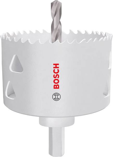 Ein Steinbohrer mit weißem Schaft, Sägezahnkanten und dem roten Markenlogo „Bosch