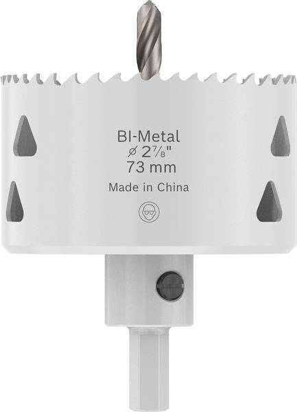 Eine 73 mm Bimetall-Lochsäge mit zylindrischer Form, scharfen Zähnen rund um die Kante und einer zentralen Bohrerspitze. Der Text liest „BI-Metal Ø 2 7/8