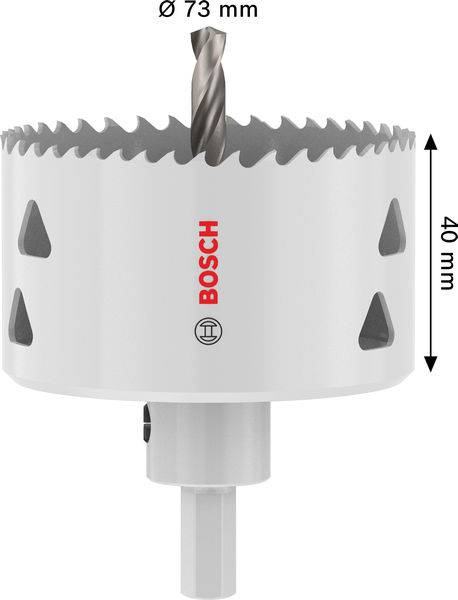 Bosch Lochsäge mit 73 mm Durchmesser und 40 mm Tiefe, ausgestattet mit gezackten Zähnen und einem Zentrierbohrer zum Bohren von Löchern; prominente Markenprägung.