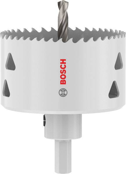 Eine weiße Bosch-Lochsäge mit scharfen Zähnen und einem Zentrierbohrer, entwickelt zum Schneiden präziser Löcher in verschiedenen Materialien.