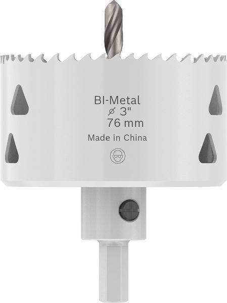 Eine weiße 76-mm-Bi-Metall-Lochsäge mit scharfen Zähnen und zentralem Bohrer. Das Werkzeug ist mit „Made in China