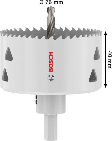 Ein weißes kreisförmiges Bohrwerkzeug mit der Bezeichnung „BOSCH