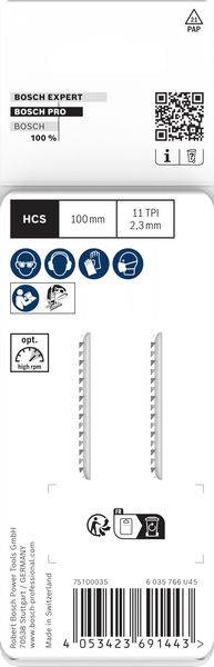 Produktabbildung von Bosch Expert Stichsägeblättern mit Blattspezifikationen: 100 mm Länge, 11 TPI, 2,3 mm Breite und Anwendungssymbole.