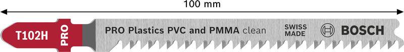 Ein Bosch-Sägeblatt mit 100 mm Durchmesser, gekennzeichnet mit 'T102H PRO' zum Schneiden von PVC und PMMA, mit Zähnen für saubere Schnitte und 'Swiss Made'-Kennzeichnung.