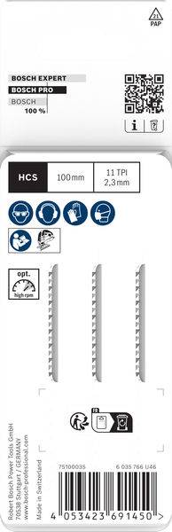 Verpackung für Bosch-Sägeblätter mit vier Sägeblättern. Enthält QR-Code, Sicherheitssymbole für Schutzbrille, Handschuhe und Maske sowie Text „100mm, 11 TPI, 2,3mm