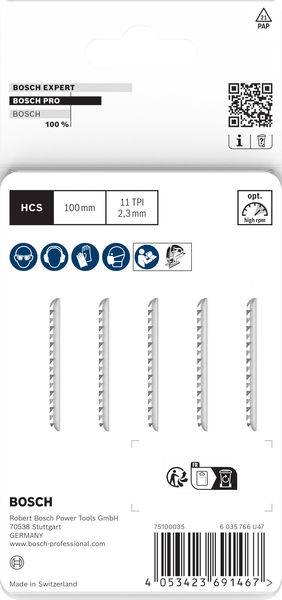 Paket mit Bosch-Stichsägeblättern, HCS-Material, 100mm Länge, 11 ZPZ, 2,3mm Breite, zeigt Produktsymbole, QR-Code und Firmeninformationen.
