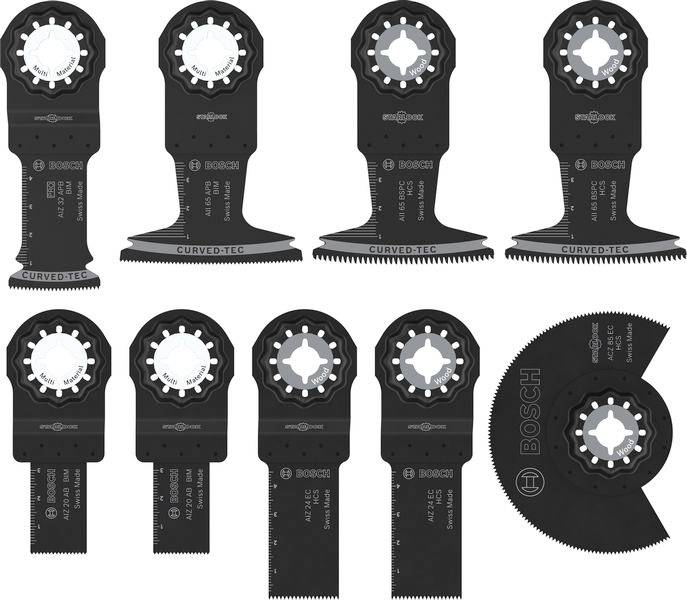 Assorted Bosch Multifunktionswerkzeug-Blätter, jedes mit einzigartigen Formen und Eigenschaften, konzipiert zum Schneiden und Schleifen verschiedener Materialien.