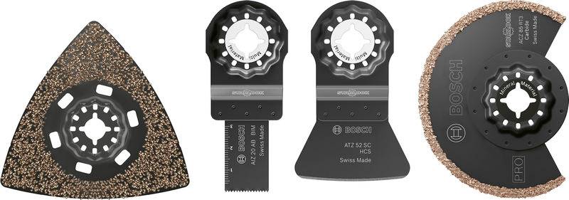 Ein Satz mit vier Bosch-Oszillationsmulti-Tool-Klingen mit unterschiedlichen Formen und Typen für Schneid- und Schleifzwecke.