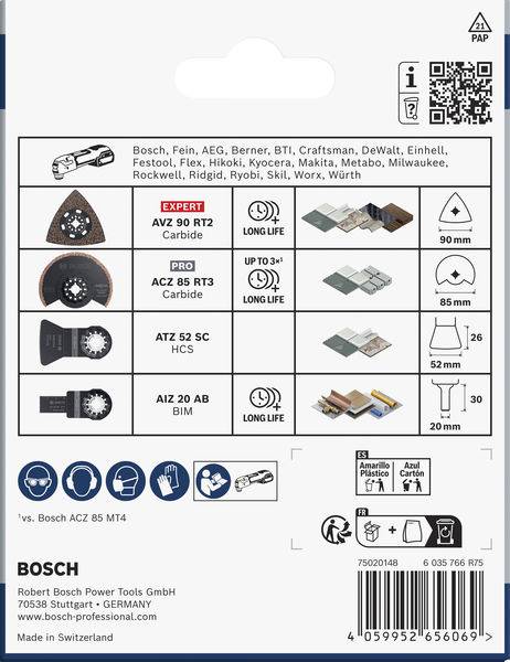 'Bosch Expert' Etikett, Klingen für Multitools, kompatible Marken aufgelistet; zeigt vier Klingen, Materialtypen und Anwendungssymbole.