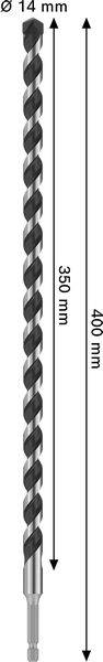 Ein Bohrmeißel mit einem Durchmesser von 14 mm und einer Länge von 400 mm mit gekennzeichneten Abschnitten von 350 mm und 400 mm.