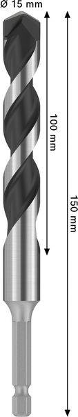 Ein silberner und schwarzer Spiralbohrer wird gezeigt mit zwei Pfeilen, die Messungen anzeigen: 100 mm entlang des Spiralbereichs und 150 mm Gesamtlänge.