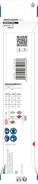 Bosch Expert Stichsägeblatt-Verpackung mit Diagrammen und Spezifikationen zum Holzschneiden; beinhaltet Produktdetails und QR-Code für weitere Informationen.