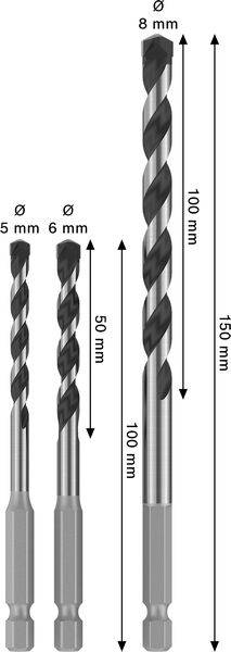 Drei Bohrer mit unterschiedlichen Größen. Von links nach rechts: 5mm Durchmesser, 50mm lang; 6mm Durchmesser, 100mm lang; 8mm Durchmesser, 150mm lang.
