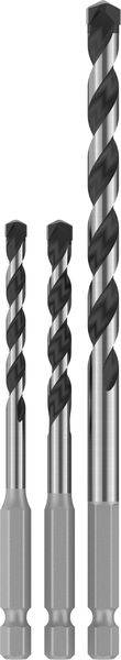 Drei Bohrspitzen unterschiedlicher Größe mit Spiralrillen und sechskantige Grundflächen, geeignet für verschiedene Bohranforderungen.