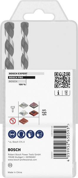 Die Verpackung von Bosch Expert-Bohrern zeigt zwei Bohrer. Enthält Gebrauchsanweisungen, QR-Code und Funktionen für verschiedene Oberflächen. Hergestellt in China.