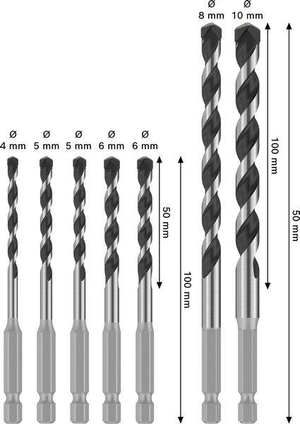 „Bild einer Reihe von Bohrern in verschiedenen Größen von 4 mm bis 10 mm, zeigt Längen von 50 mm und 100 mm mit Pfeilen, die die Abmessungen anzeigen.