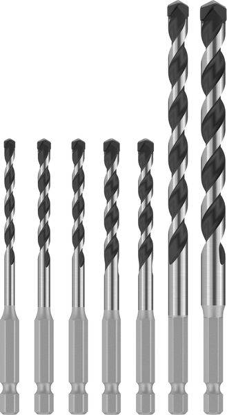 Satz aus sieben Metallbohrern verschiedener Größen in einer Reihe, vom kleinsten zum größten, mit schwarzer Spitze und silbernem Schaftdesign.