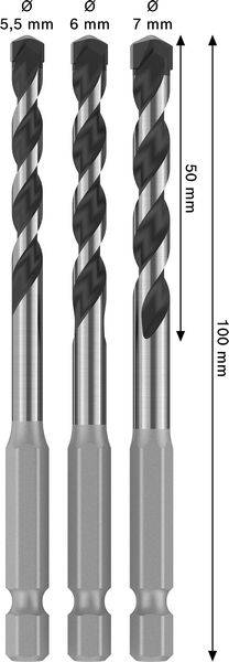 Drei Bohrer mit Größen von 5,5 mm, 6 mm und 7 mm. Jeder hat eine Schaftlänge von 100 mm und eine Schneidenlänge von 50 mm, vertikal angeordnet dargestellt.