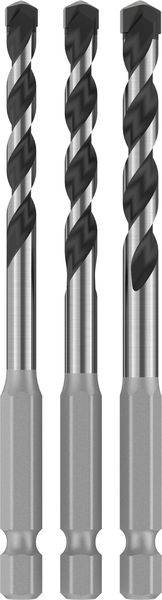 Drei silberne und schwarze Bohrer mit spiralförmigen Nuten stehen vertikal nebeneinander und zeigen ihre Schneidkanten und Sechskantschäfte.
